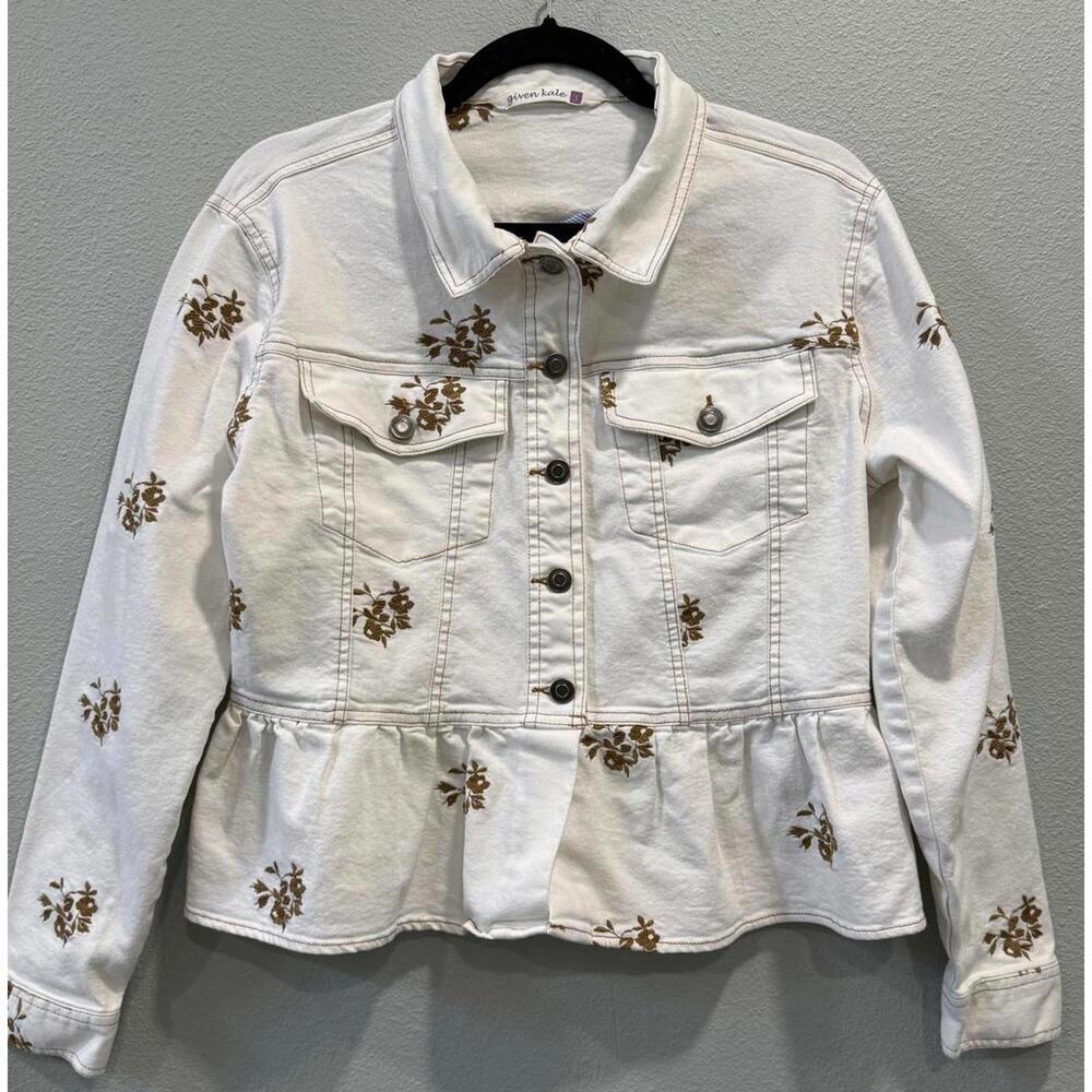 GIVEN KALE Embroidered Floral Peplum Ruffle Denim Jacket, Women's Small